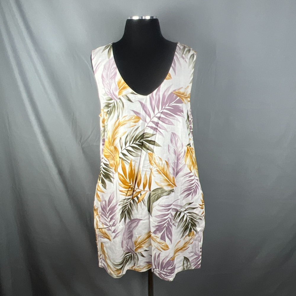 Orvis Linen Blend Sleeveless Sheath Dress Womens Large Multicolor Tropical Leaf
